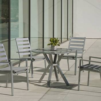 Mesa ⬡110 + 4 sillones de aluminio [Baracoa-Palma] de Hevea - Moderno conjunto de aluminio luxe para jardín: Mesa de comedor poligonal de 110 cm. + 4 sillones de aluminio. Disponible en color blanco, antracita, champagne, plata, marrón o nude.