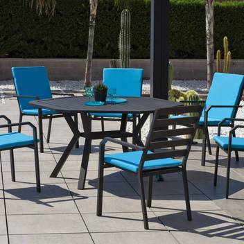 Mesa ⬡150 + 6 sillones de aluminio [Brasilia-Carv] de Hevea - Moderno conjunto de aluminio luxe para jardín: Mesa de comedor hexagonal de 150 cm. + 6 sillones. Disponible en color blanco, antracita, champagne, plata, marrón o nude.