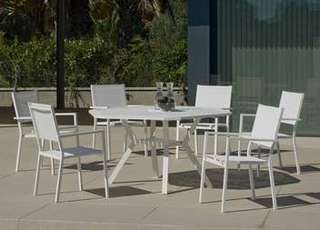 Set Aluminio Brasilia-Córcega 150-6 de Hevea - Moderno conjunto de aluminio luxe: Mesa de comedor hexagonal de 150 cm. + 6 sillones de textilen. Disponible en color blanco y antracita.