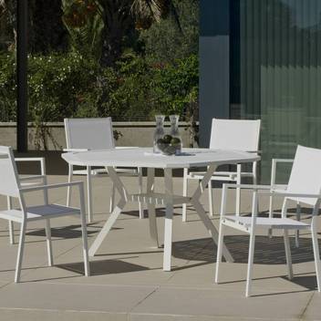 Mesa ⬡150 + 6 sillones de textilen [Brasilia-Corc] de Hevea - Moderno conjunto de aluminio luxe para jardín: Mesa de comedor hexagonal de 150 cm. + 6 sillones de textilen. Disponible en color blanco, antracita, champagne, plata, marrón o nude.