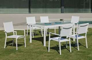 Set Aluminio Córcega 160-4 de Hevea - Conjunto aluminio para jardín: Mesa rectangular 160 cm + 4 sillones de textilen. Disponible en color blanco, plata y antracita.