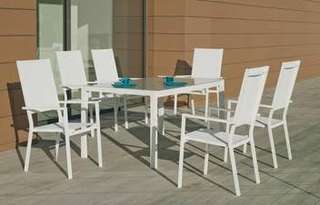 Set Aluminio Córcega-Janeiro 160-6 de Hevea - Conjunto aluminio para jardín: Mesa rectangular 160 cm + 6 sillones altos de textilen. Disponible en color blanco, plata y antracita.