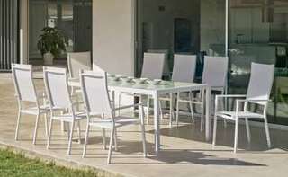 Set Aluminio Córcega-Janeiro 210-8 de Hevea - Conjunto aluminio para jardín: Mesa rectangular 210 cm + 8 sillones altos de textilen. Disponible en color blanco, plata y antracita.