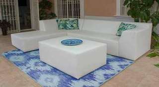Set Chaiselongue Ganges de Hevea - Lujoso conjunto de aluminio tapizado con technotex impermeable: Chaiselonge + sofá 2 plazas + mesa de centro.