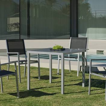 Set Aluminio Melea-Córcega 80-4 de Hevea - Conjunto aluminio para jardín: Mesa cuadrada de 80 cm. + 4 sillones de aluminio y textilen. Disponible en color blanco, antracita, champagne, plata o marrón.