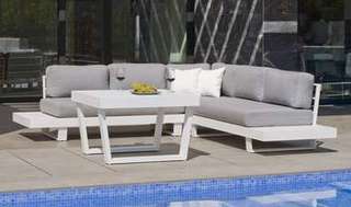 Set aluminio: rinconera 5p + mesa comedor [Menfis] de Hevea - Rinconera confort lujo 5 plazas, con cojines desenfundables + mesa de comedor, para jardín. Estructura robusta de aluminio color blanco, antracita, champagne, plata, marrón o nude.