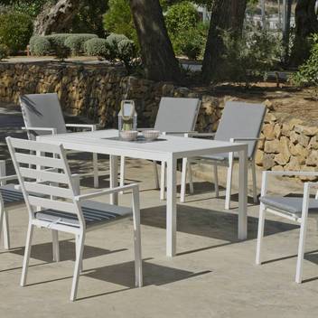 Mesa ▯150 + 6 sillones de aluminio [Palma] de Hevea - Conjunto para jardín: Mesa rectangular de aluminio con tablero lamas de aluminio + 6 sillones. Disponible en color blanco, antracita, champagne, plata, marrón o nude.