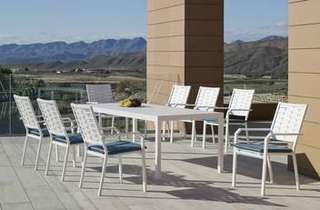 Set Aluminio Palma-Augusta 200-8 de Hevea - Conjunto de aluminio luxe para jardín o terraza: Mesa rectangular 200 cm. + 8 sillones. Disponible en color blanco, bronce, antracita y champagne.