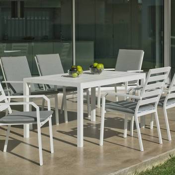 Set Aluminio Palma-Caravel 150-6 de Hevea - Conjunto aluminio luxe: Mesa rectangular 150 cm + 6 sillones. Disponible en color blanco, antracita, champagne, plata o marrón.