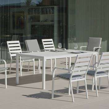 Set Aluminio Palma-Caravel 200-8 de Hevea - Conjunto aluminio luxe: Mesa rectangular 200 cm + 8 sillones. Disponible en color blanco, antracita, champagne, plata o marrón.