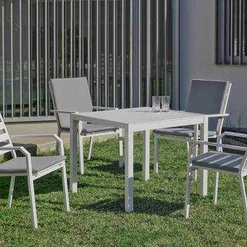 Set Aluminio Palma-Caravel 90-4 de Hevea - Conjunto aluminio luxe: Mesa cuadrada 90 cm + 4 sillones. Disponible en color blanco, antracita, champagne, plata o marrón.