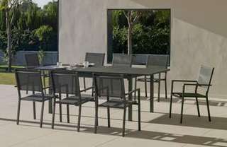 Set Aluminio PalmaExt-Córcega 220-8 de Hevea - Conjunto de aluminio luxe: mesa extensible 170-220 cm. + 8 sillones de textilen. Disponible en color blanco, antracita, champagne, plata o marrón.