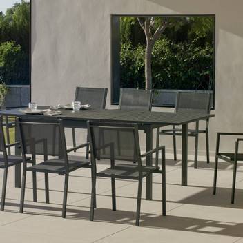 Mesa extens. ▯200 + 6 sillones textilen [Palma-Co] de Hevea - Conjunto de aluminio para jardín luxe: mesa extensible 150-200 cm. + 6 sillones de textilen. Disponible en color blanco, antracita, champagne, plata, marrón o nude.