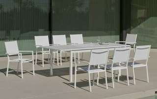 Mesa extens. ▯220 + 6 sillones textilen [Palma-Co] de Hevea - Conjunto de aluminio para exterior: mesa extensible 170-220 cm. + 6 sillones de textilen. Disponible en color blanco, antracita, champagne, plata, marrón o nude.