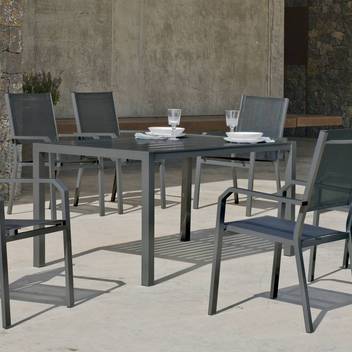 Set aluminio: mesa ▯150 + 6 sillones [Palma-Ge] de Hevea - Conjunto luxe de aluminio  para jardín: Mesa rectangular 150 cm + 6 sillones de textilen. Disponible en color blanco, antracita, champagne, plata, marrón o nude.