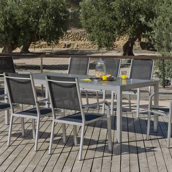Set aluminio: mesa ▯200 + 8 sillones [Palma-Ge] de Hevea - Conjunto luxe de aluminio  para jardín: Mesa rectangular 200 cm + 8 sillones de textilen. Disponible en color blanco, antracita, champagne, plata, marrón o nude.