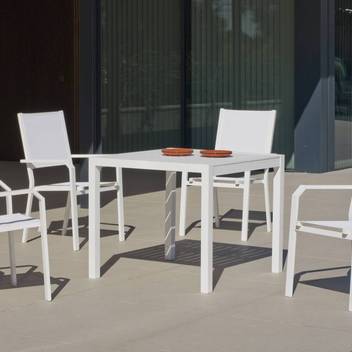 Set Aluminio Palma-Gema 90-4 de Hevea - Conjunto aluminio luxe: Mesa cuadrada 90 cm + 4 sillones de textilen. Disponible en color blanco, antracita, champagne, plata o marrón.