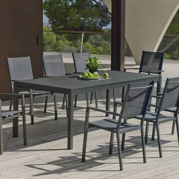Mesa ▯200 aluminio+ 8 sillones textilen [Palma-Ro] de Hevea - Conjunto para jardín: Mesa rectangular de aluminio con tablero lamas de aluminio + 8 sillones de textilen. Disponible en color blanco, antracita, champagne, plata, marrón o nude.