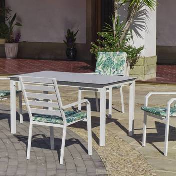 Mesa ▯160 de aluminio y tablero HPL [Palma] de Hevea - Mesa de 150 cm para jardín, con tablero laminado HPL ultra resistente. Estructura de aluminio color blanco, antracita, champagne, plata, marrón o nude.
