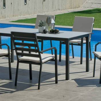 Set Aluminio y HPL: Mesa ▯200 + 6 sillones [Palma] de Hevea - Conjunto para jardín color blanco, antracita, champagne, plata, marrón o nude: Mesa 200 cm. De aluminio con tablero laminado HPL + 6 sillones.