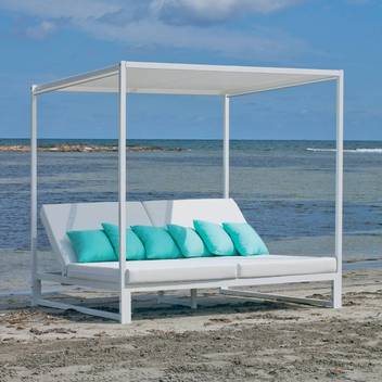 Cama doble de aluminio con toldo [Texas] de Hevea - Cama doble con toldo superior, para jardín. Fabricada con aluminio color blanco. Doble respaldo multiposiciones independientes.