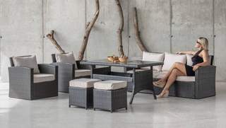 Set ratán: sofá 3p+ sillones+ mesa+ tabur [Austin] de Hevea - Conjunto de ratán sintético color marrón para jardín: 1 sofá de 3 plazas + 2 sillones+ mesa comedor + taburetes + cojines a juego