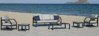 Sofá 3p + sillones + taburetes, aluminio[Bellagio] de Hevea - Conjunto de aluminio para jardín: 1 sofá 3 plazas + 2 sillones + mesa de centro + 2 taburetes. Colores: blanco, antracita, champagne, plata, marrón o nude.