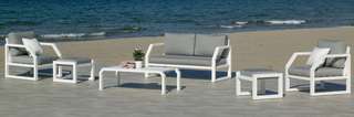 Sofá 2p + sillones + taburetes, aluminio[Bellagio] de Hevea - Conjunto de aluminio para jardín: 1 sofá 2 plazas + 2 sillones + mesa de centro + 2 taburetes. Colores: blanco, antracita, champagne, plata, marrón o nude.