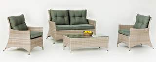 Set ratán: sofá 2p + sillones + mesa [Belmond] de Hevea - Conjunto de ratán sintético color marfil para jardín: 1 sofá de 2 plazas + 2 sillones + 1 mesa de centro + cojines a juego