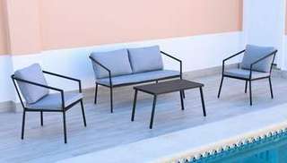 Set Aluminio Bermudas-7 de Hevea - Conjunto: 1 sofá 2 plazas + 2 sillones + 1 mesa de centro + cojines. Estructura aluminio color blanco o antracita.