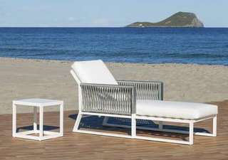 Cama de aluminio y cuerda [Bolonia] de Hevea - Cama relax lujo, con respaldo reclinable, para jardín. Fabricada de aluminio y cuerda en color blanco, gris, marrón o champagne.