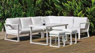 Rinconera Aluminio Bolonia-30 de Hevea - Rinconera modular lujo de 6 plazas  +  mesa comedor + 2 taburetes. Estructura aluminio en color blanco, antracita, champagne, plata o marrón.