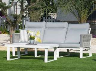 Sofá 3p de aluminio y cuerda para jardín [Bolonia] de Hevea - Sofá relax 3 plazas lujo para exterior, con respaldos reclinables. Fabricado de aluminio y cuerda en color blanco, gris, marrón o champagne.