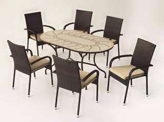 Conjunto Mosaico Bora-Bergamo de Hevea - Conjunto de forja color bronce: mesa con tablero mosaico de 150 cm + 6 sillones con cojines asiento.