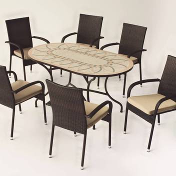 Set mesa mosaico ⬯150 + 6 sillones de ratán [Bora] de Hevea - Conjunto de forja color bronce para jardín: mesa con tablero mosaico de 150 cm + 6 sillones de ratán sintético con cojines asiento.