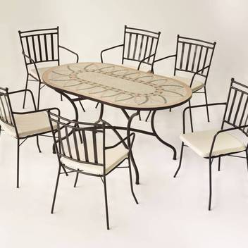 Set mesa mosaico ⬯150 + 4 sillones [Bora-Shifa] de Hevea - Conjunto de forja color bronce para jardín: mesa con tablero mosaico de 150 cm + 4 sillones con cojines asiento.