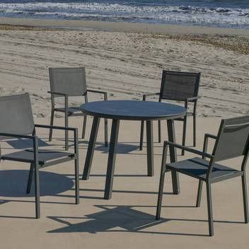 Mesa ◯100 HPL +4 sillones textilen [California-Co] de Hevea - Conjunto de aluminio para jardín: Mesa redonda con tablero HPL de 100 cm + 4 sillones de textilen. Colores: blanco y antracita.