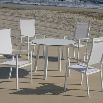 Mesa ◯100 HPL +4 sillones textilen [California-Ja] de Hevea - Conjunto de aluminio para jardín: Mesa redonda con tablero HPL de 100 cm + 4 sillones altos de textilen. Colores: blanco y antracita.