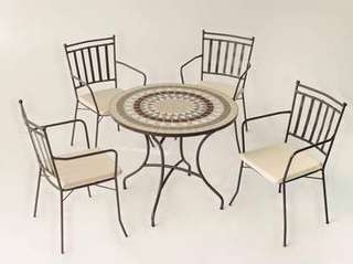 Conjunto Mosaico Camarines-Shifa de Hevea - Conjunto de forja color bronce: mesa con tablero mosaico de 90 cm + 4 sillones con cojines asiento.