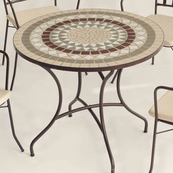 Mesa Mosaico Camarines-90 de Hevea - Mesa de acero forjado color bronce, con tablero mosaico circular de 90 cm.