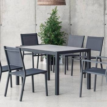 Mesa extensible HPL ▯215 + 6 sillones[Singapur-Co] de Hevea - Conjunto de aluminio para jardín: mesa extensible con tablero HPL + 6 sillones de textilen. Disponible en color blanco o antracita.