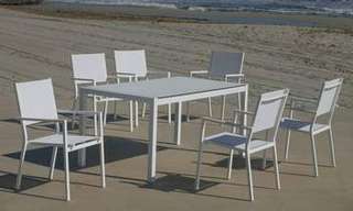 Set Córcega-160-6 Córcega de Hevea - Conjunto de aluminio para jardín: Mesa rectangular con tapa HPL de 160 cm + 6 sillones de textilen. Colores: blanco y antracita.