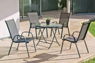 Set Acero Cordoba-Sulam 90-4 de Hevea - Conjunto de acero color antracita: mesa redonda de 90 cm. con tapa de cristal templado + 4 sillones de acero y textilen