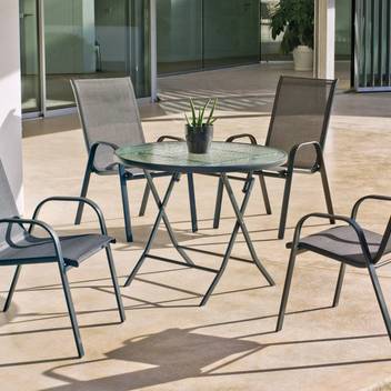 Set Mesa ◯90 + 4 sillones textilen [Cordoba-Sulam] de Hevea - Conjunto de acero color antracita para jardín y terraza: mesa redonda de 90 cm. con tapa de cristal templado + 4 sillones de acero y textilen