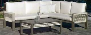 Rinconera 5 p de aluminio-cuerda + mesa [Estambul] de Hevea - Rinconera modular lujo de 5 plazas para jardín + mesa centro. Estructura aluminio y cuerda en color blanco, gris, marrón o champagne.