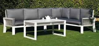 Rinconera 6 p de aluminio-cuerda + mesa [Estambul] de Hevea - Rinconera modular lujo de 6 plazas para jardín + mesa centro. Estructura aluminio y cuerda en color blanco, gris, marrón o champagne.