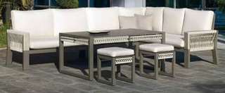 Rinconera 6 p de aluminio + mesa + tabs [Estambul] de Hevea - Rinconera modular lujo de 6 plazas para jardín + mesa centro + 2 taburetes. Estructura aluminio y cuerda en color blanco, gris, marrón o champagne.