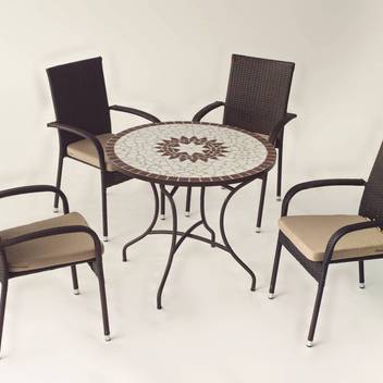 Set mesa mosaico ◯90 + 4 sillones de ratán [Estel] de Hevea - Conjunto de forja color marrón para jardín y terraza: mesa con tablero mosaico de 90 cm + 4 sillones de ratán sintético con cojines.