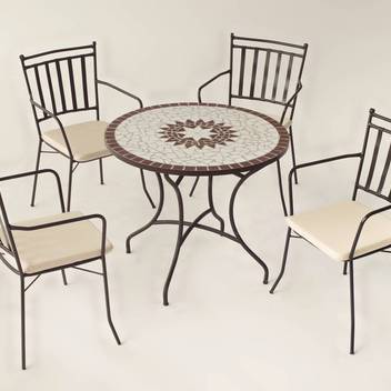 Set mesa mosaico ◯90 + 4 sillones de forja [Shifa] de Hevea - Conjunto de forja color bronce para jardín o terraza: mesa con tablero mosaico de 90 cm + 4 sillones con cojines asiento.