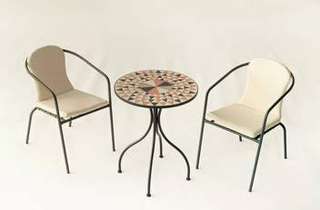 Conjunto Mosaico Estoril-Marsel de Hevea - Mesa de forja color antracita, con tablero mosaico de 60 cm + 2 sillones apilables de aluminio con cojín.